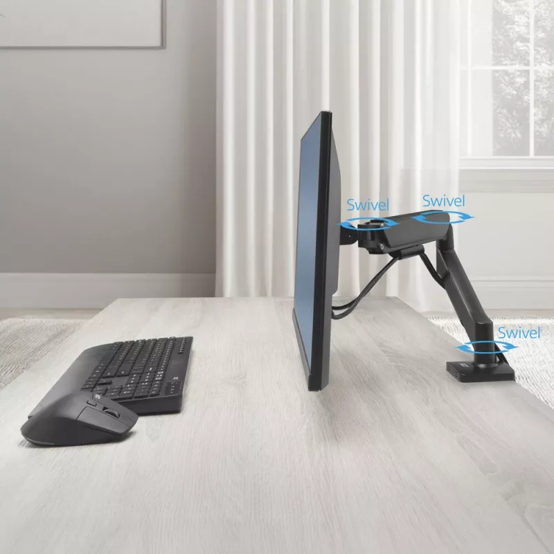 Ramię monitora ACT dla ekranów 35 cali, sprężyna gazowa, pojedynczy monitor, zacisk/przelotka, do 9 kg, VESA 75x75–100x100, pochylenie ±45°, czarny