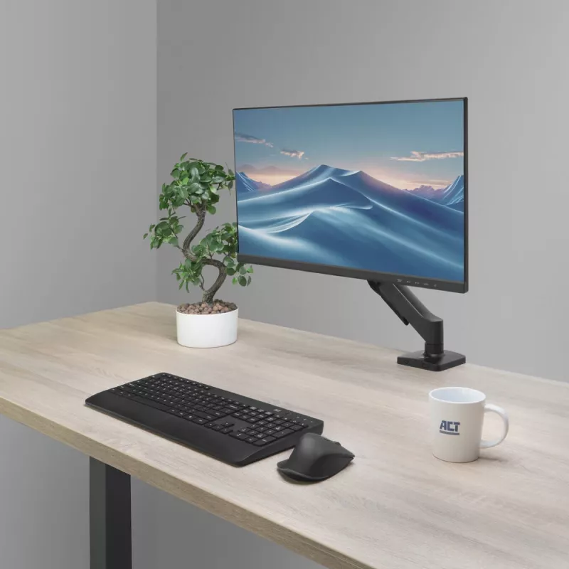 Ramię monitora ACT dla ekranów 35 cali, sprężyna gazowa, pojedynczy monitor, zacisk/przelotka, do 9 kg, VESA 75x75–100x100, pochylenie ±45°, czarny