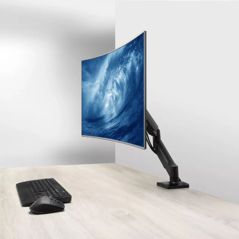 Ramię monitora ACT dla ekranów 35 cali, sprężyna gazowa, pojedynczy monitor, zacisk/przelotka, do 9 kg, VESA 75x75–100x100, pochylenie ±45°, czarny