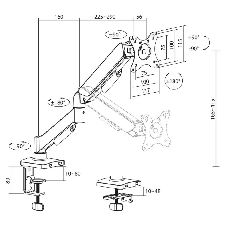 Ramię monitora ACT dla ekranów 35 cali, sprężyna gazowa, pojedynczy monitor, zacisk/przelotka, do 9 kg, VESA 75x75–100x100, pochylenie ±45°, czarny
