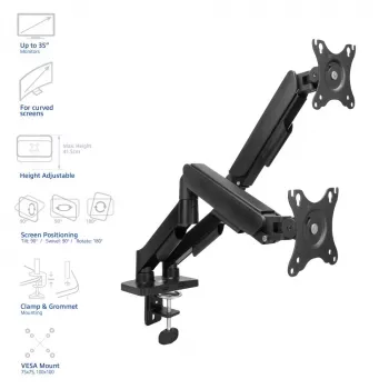 ACT Ramię do monitora 35 cali, sprężyna gazowa, 2 monitory, Essentials, Zacisk/Przelotka, 18 kg, 43,2 cm (17 cali), 88,9 cm (35 cali), 100 x 100 mm, Czarny