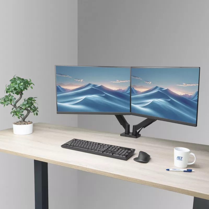 ACT Ramię do monitora 35 cali, sprężyna gazowa, 2 monitory, Essentials, Zacisk/Przelotka, 18 kg, 43,2 cm (17 cali), 88,9 cm (35 cali), 100 x 100 mm, Czarny