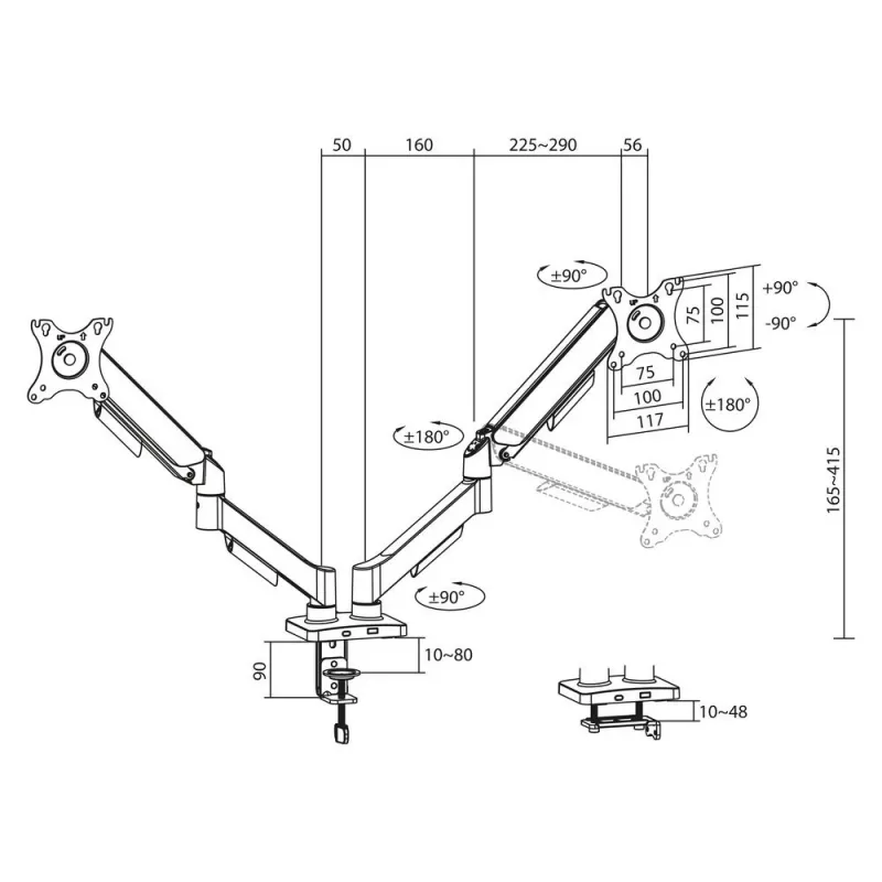 ACT Ramię do monitora 35 cali, sprężyna gazowa, 2 monitory, Essentials, Zacisk/Przelotka, 18 kg, 43,2 cm (17 cali), 88,9 cm (35 cali), 100 x 100 mm, Czarny