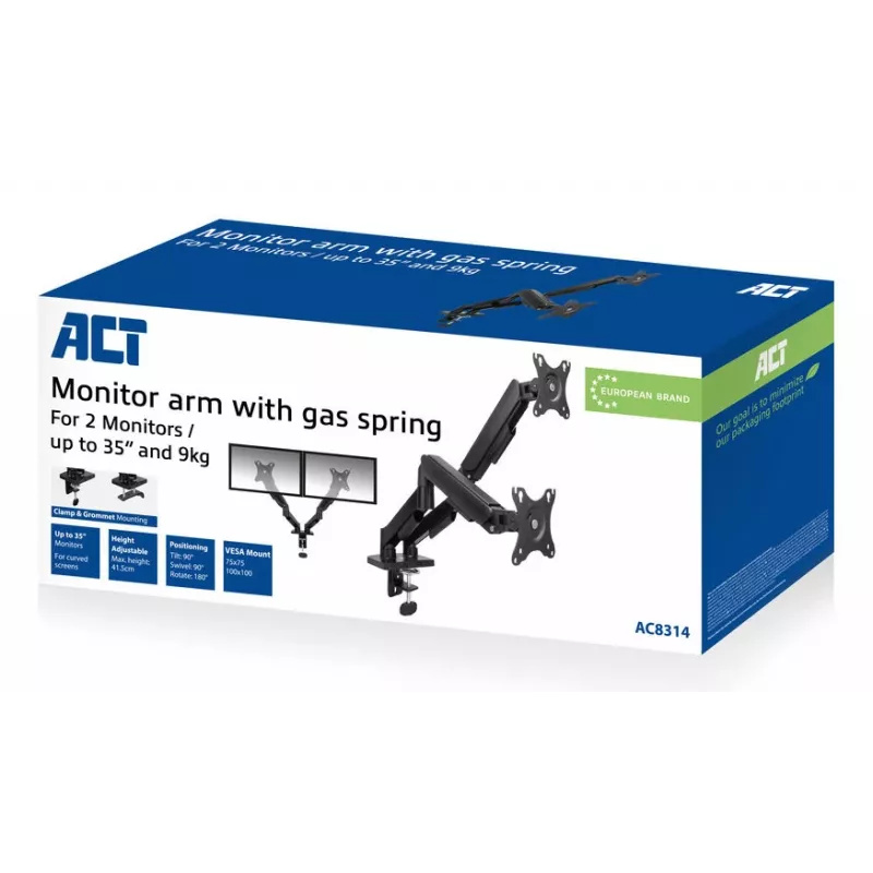 ACT Ramię do monitora 35 cali, sprężyna gazowa, 2 monitory, Essentials, Zacisk/Przelotka, 18 kg, 43,2 cm (17 cali), 88,9 cm (35 cali), 100 x 100 mm, Czarny