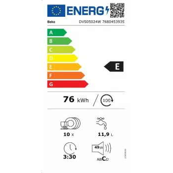 Wolnostojąca zmywarka cienki BEKO DVS05024W — 10 kompletów, 45 cm, 49 dB, klasa E