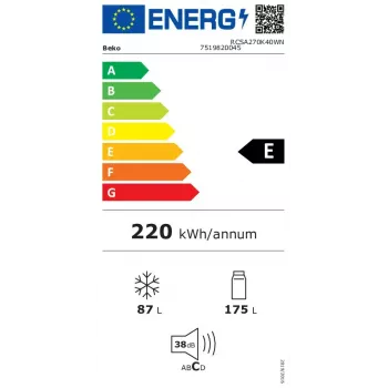Lodówka BEKO RCSA270K40WN, wolnostojąca, 262 L łącznie (175 L chłodziarka / 87 L zamrażarka), 1708 mm, biała