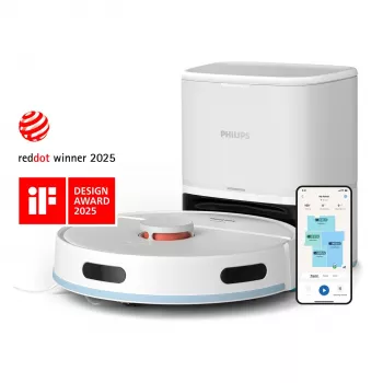 Robot odkurzający Philips XU2100/20 — okrągła nawigacja LDS, siła ssania 2700 Pa, czas pracy 130 min, baza samoopróżniająca, worek na kurz w bazie 3 l, pojemnik na kurz 0,38 l, akumulator Li-Ion 2600 mAh