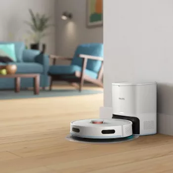 Robot odkurzający Philips XU2100/20 — okrągła nawigacja LDS, siła ssania 2700 Pa, czas pracy 130 min, baza samoopróżniająca, worek na kurz w bazie 3 l, pojemnik na kurz 0,38 l, akumulator Li-Ion 2600 mAh