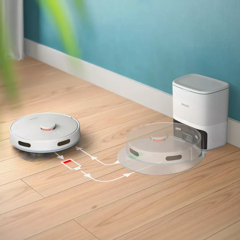 Robot odkurzający Philips XU2100/20 — okrągła nawigacja LDS, siła ssania 2700 Pa, czas pracy 130 min, baza samoopróżniająca, worek na kurz w bazie 3 l, pojemnik na kurz 0,38 l, akumulator Li-Ion 2600 mAh