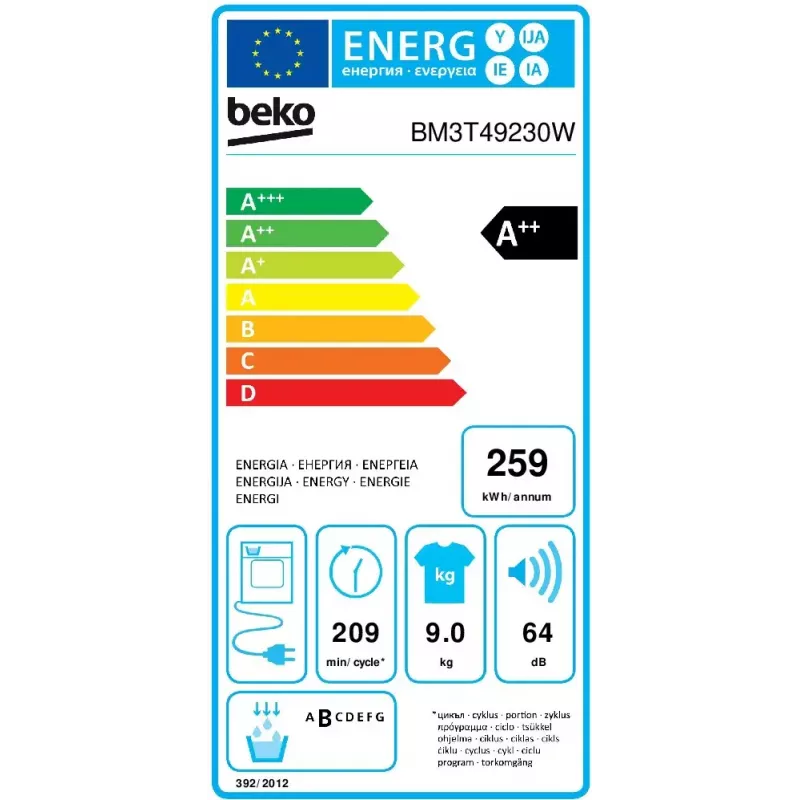Beko BM3T49230W Suszarka bębnowa Wolnostojąca Ładowanie od przodu 9 kg A++ Biały