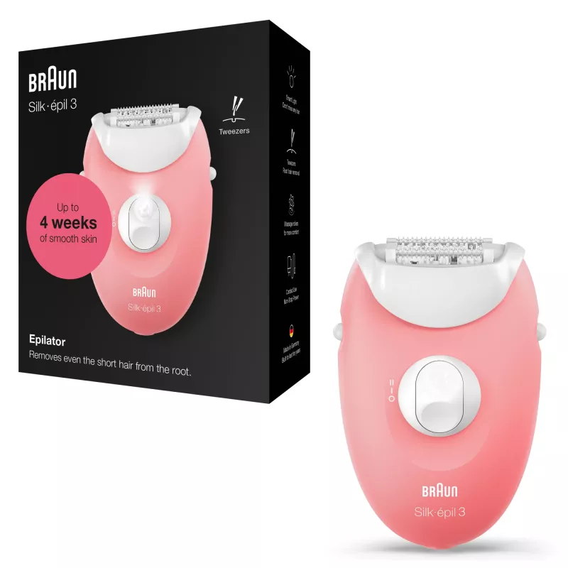 Braun Silk-épil 3 3-176 depilator z 3 dodatkami, różowy, biały, 20 pęset, golenie, AC, 100–240 V, 50–60 Hz