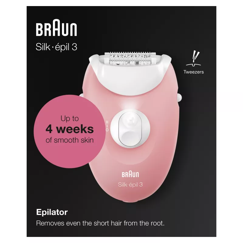 Braun Silk-épil 3 3-176 depilator z 3 dodatkami, różowy, biały, 20 pęset, golenie, AC, 100–240 V, 50–60 Hz