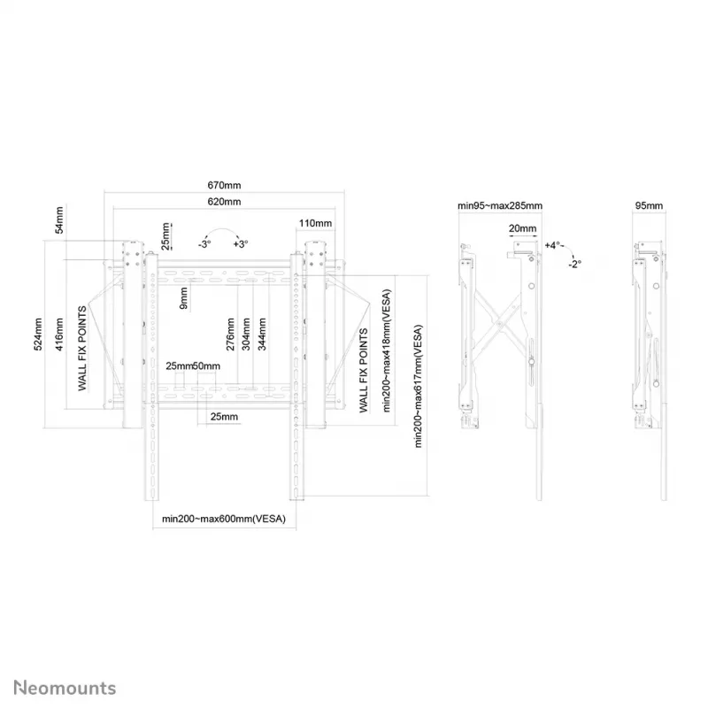 Uchwyt do ściany wideo Neomounts, 70 kg, 81,3 cm (32 cale), 190,5 cm (75 cali), 200 x 200 mm, 600 x 600 mm, 0 - 6°
