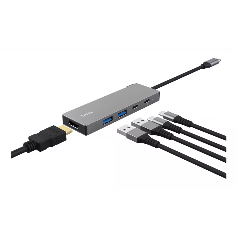Koncentrator USB typu C TRUST 26062 — HDMI + USB 3.2 Gen 1 Typ-A i Typ-C, szary, 5 portów