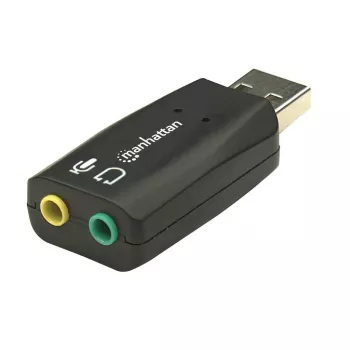 Adapter dźwiękowy Manhattan USB-A, porty USB-A na wejście mikrofonowe 3,5 mm i wyjście audio 3,5 mm, 480 Mb/s (USB 2.0), obsługa dźwięku 3D i wirtualnego dźwięku przestrzennego 5.1, Hi-Speed USB, czarny, trzyletnia gwarancja