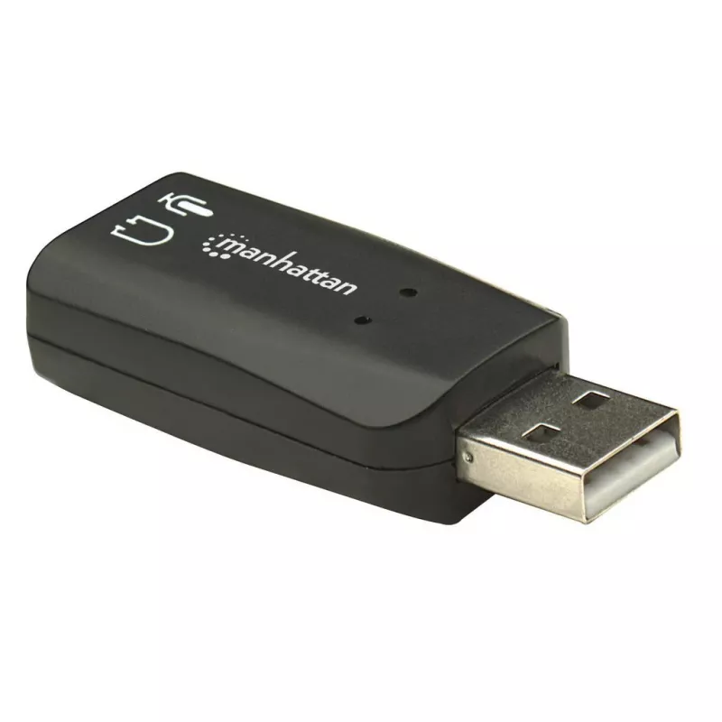 Adapter dźwiękowy Manhattan USB-A, porty USB-A na wejście mikrofonowe 3,5 mm i wyjście audio 3,5 mm, 480 Mb/s (USB 2.0), obsługa dźwięku 3D i wirtualnego dźwięku przestrzennego 5.1, Hi-Speed USB, czarny, trzyletnia gwarancja