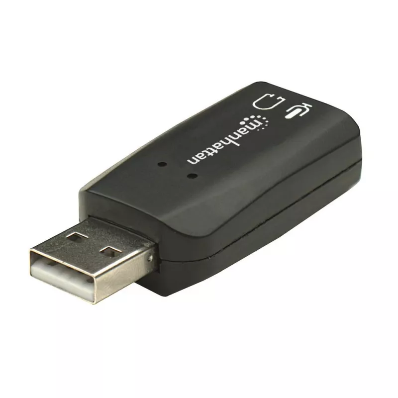Adapter dźwiękowy Manhattan USB-A, porty USB-A na wejście mikrofonowe 3,5 mm i wyjście audio 3,5 mm, 480 Mb/s (USB 2.0), obsługa dźwięku 3D i wirtualnego dźwięku przestrzennego 5.1, Hi-Speed USB, czarny, trzyletnia gwarancja