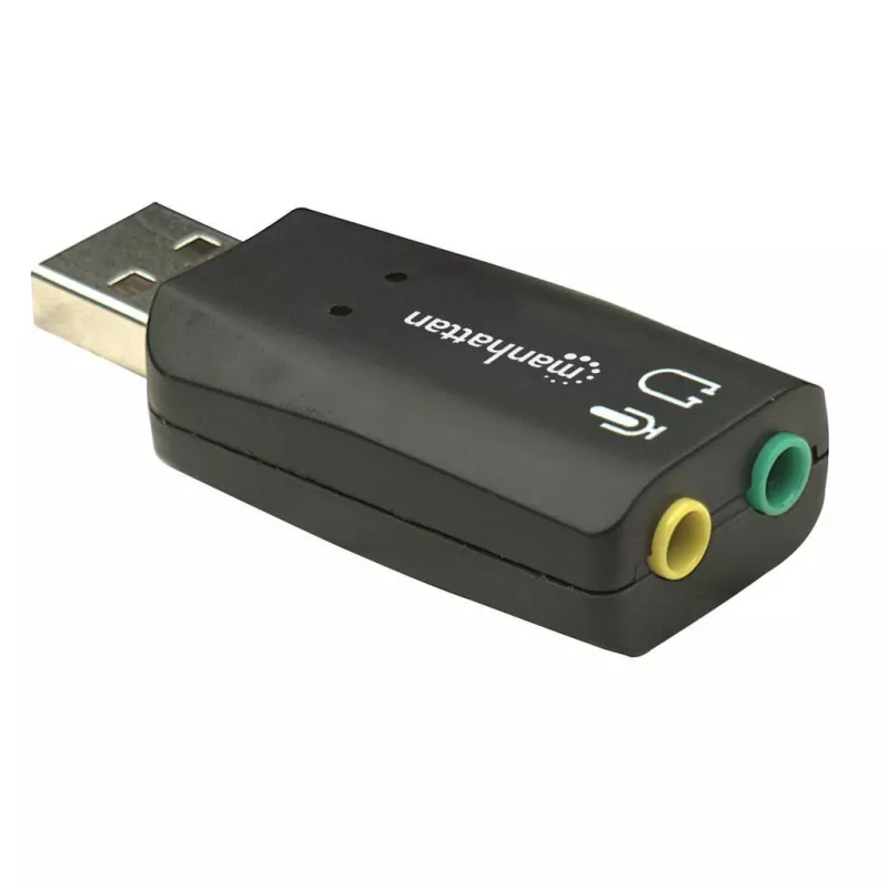Adapter dźwiękowy Manhattan USB-A, porty USB-A na wejście mikrofonowe 3,5 mm i wyjście audio 3,5 mm, 480 Mb/s (USB 2.0), obsługa dźwięku 3D i wirtualnego dźwięku przestrzennego 5.1, Hi-Speed USB, czarny, trzyletnia gwarancja