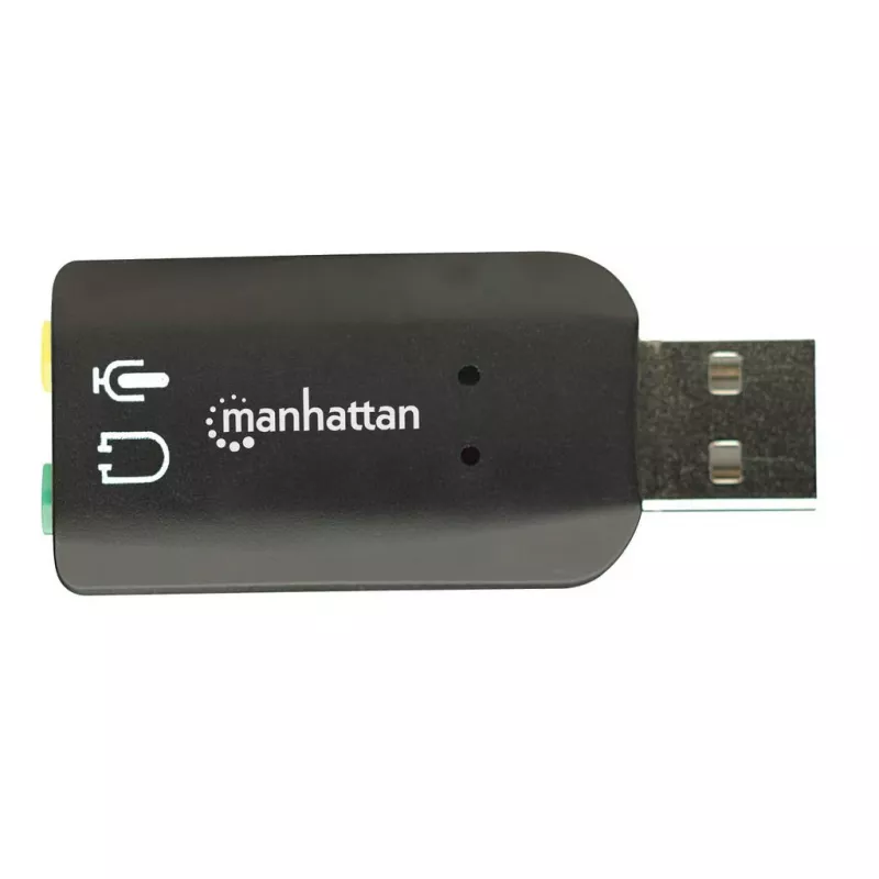 Adapter dźwiękowy Manhattan USB-A, porty USB-A na wejście mikrofonowe 3,5 mm i wyjście audio 3,5 mm, 480 Mb/s (USB 2.0), obsługa dźwięku 3D i wirtualnego dźwięku przestrzennego 5.1, Hi-Speed USB, czarny, trzyletnia gwarancja