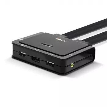 Lindy 2-portowy przełącznik KVM z kablami HDMI 4K30, USB 2.0 i audio, 1920 x 1080 pikseli, czarny