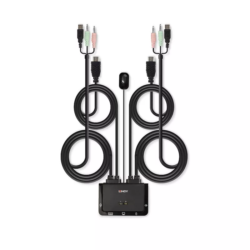 Lindy 2-portowy przełącznik KVM z kablami HDMI 4K30, USB 2.0 i audio, 1920 x 1080 pikseli, czarny
