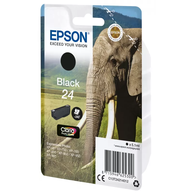 Epson Elephant Singlepack Czarny 24 Claria Photo HD Ink, Czarny, atrament pigmentowy, 5,1 ml, 1 szt., 240 stron, Pojedyncze opakowanie