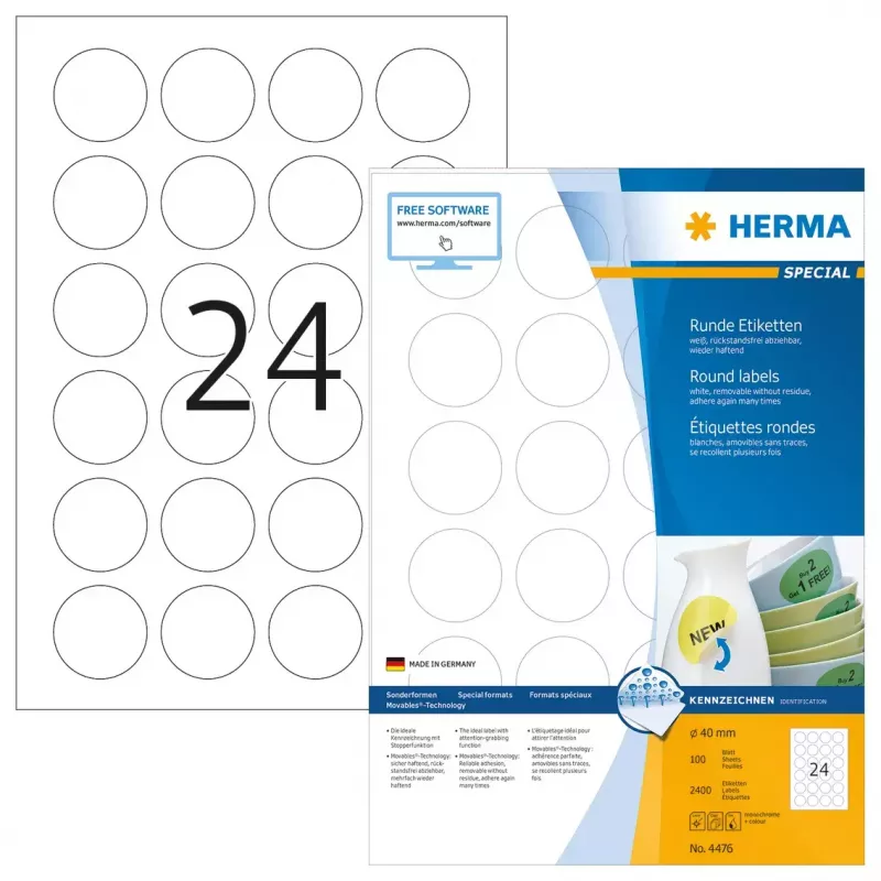 Samoprzylepne etykiety HERMA Removable A4 Ø 40 mm 2400 szt.