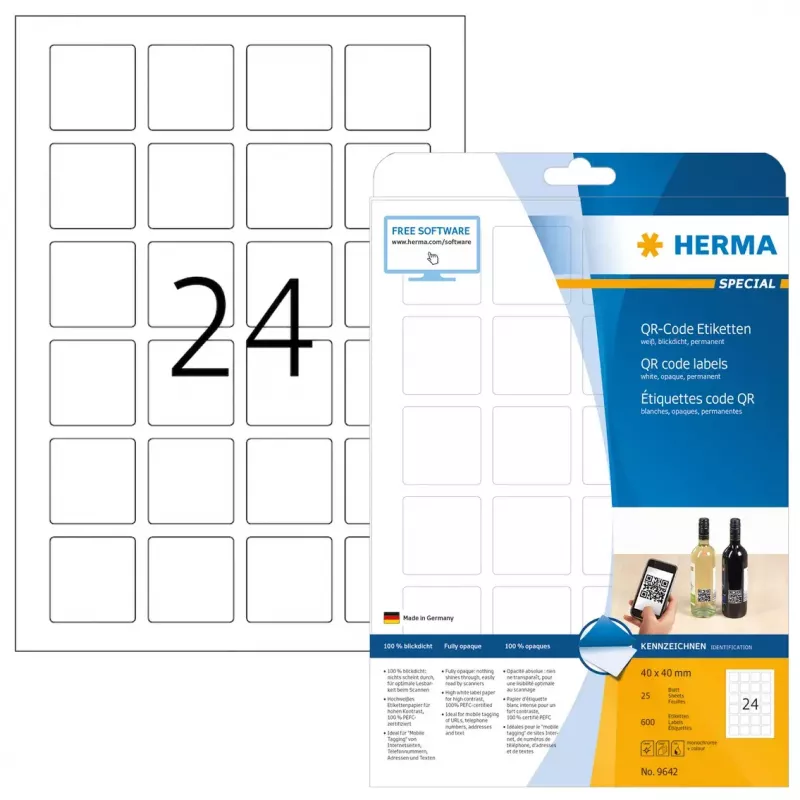 Etykiety do kodów QR HERMA 9642 A4 40x40 mm kwadratowe białe papierowe