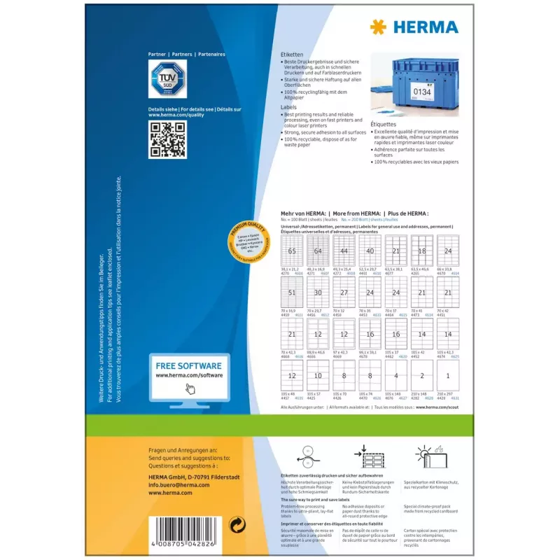 Samoprzylepne etykiety do drukarek HERMA Labels Premium A4 210x148 mm