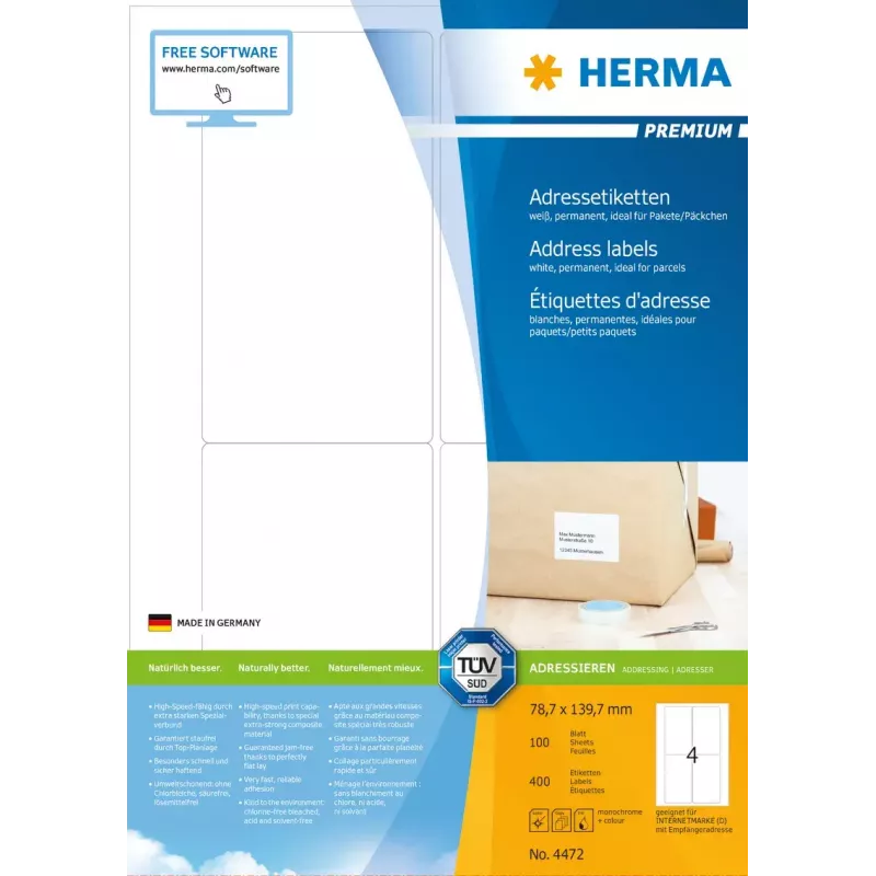 Etykiety adresowe Premium HERMA 4472 A4 78.7x139.7 mm 400 szt.