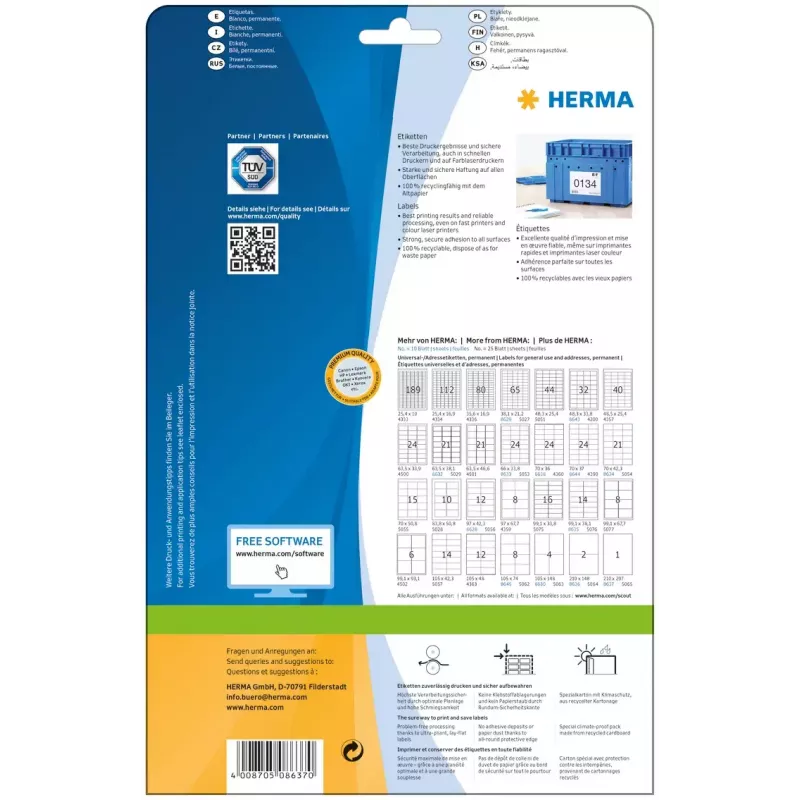 Samoprzylepne etykiety do drukarki HERMA Labels Premium A4 210x297 mm białe papierowe matowe 10 szt.