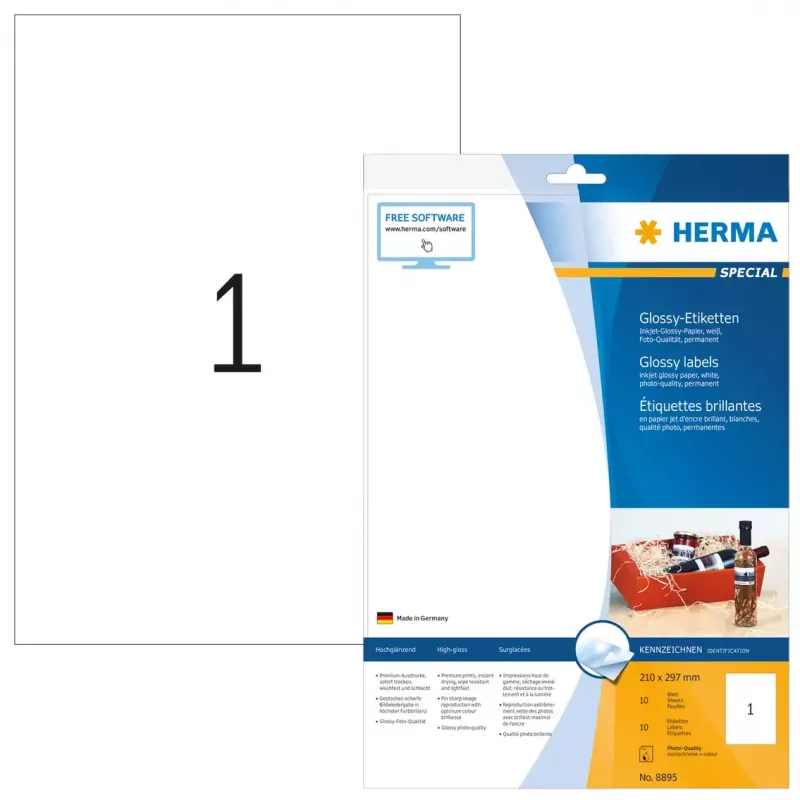 Samoprzylepna etykieta do drukarek HERMA Etykiety błyszczące do drukarek atramentowych A4 210x297 mm biały papier błyszczący 10 szt.