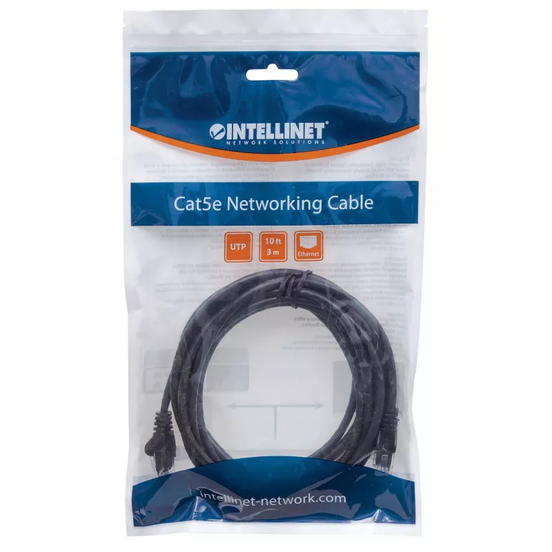 Intellinet kabel krosowy sieciowy, kat. 6, 15 m, czarny, CCA, U/UTP, PVC, RJ45, pozłacane styki, bezzadziorowa wtyczka, osłonka na wtyczkę, dożywotnia gwarancja
