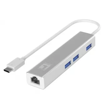 LevelOne Gigabitowa przejściówka sieciowa USB-C z hubem USB, przewodowa, USB Type-C, Ethernet, 1000 Mbit/s, srebrna