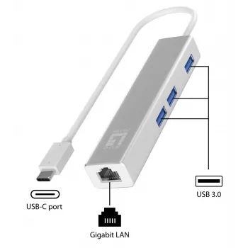 LevelOne Gigabitowa przejściówka sieciowa USB-C z hubem USB, przewodowa, USB Type-C, Ethernet, 1000 Mbit/s, srebrna