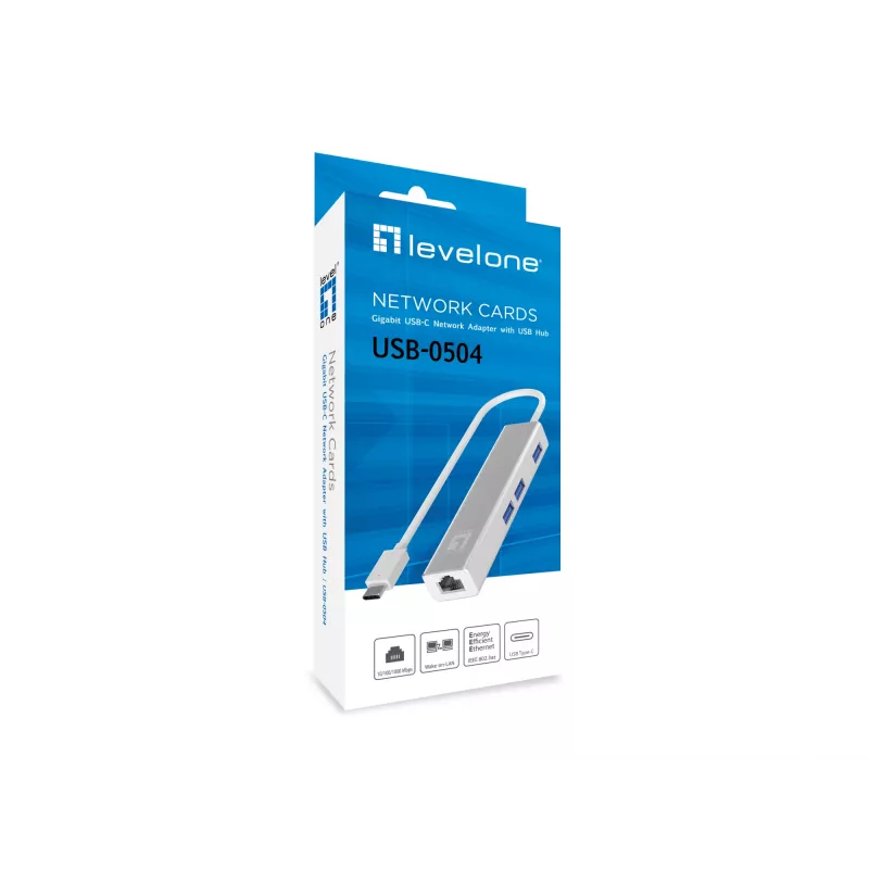 LevelOne Gigabitowa przejściówka sieciowa USB-C z hubem USB, przewodowa, USB Type-C, Ethernet, 1000 Mbit/s, srebrna
