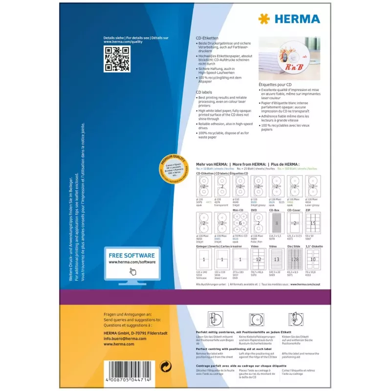 Etykiety CD HERMA A4 Ø 116 mm białe, papier matowy, nieprzezroczyste, 200 szt.