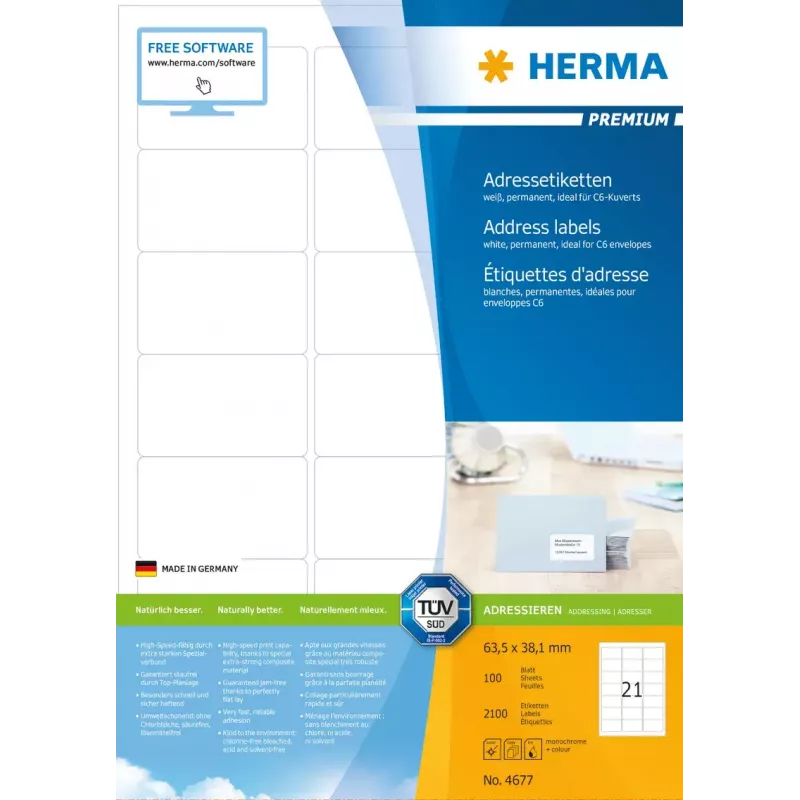 Etykiety adresowe HERMA Premium A4 63,5x38,1 mm 2100 szt.