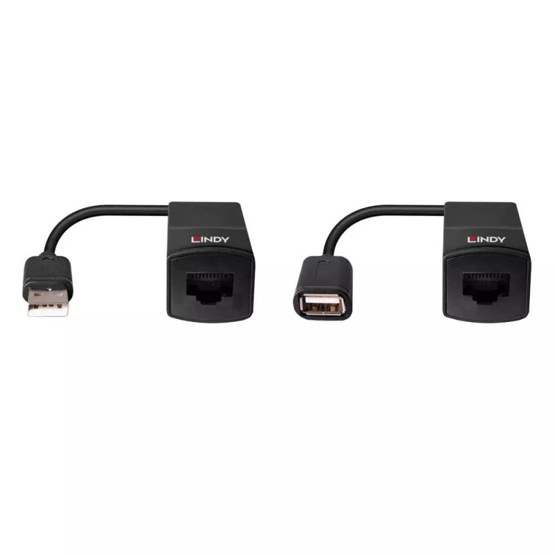 Lindy 60m USB 1.1 Cat.6 Extender Basic, Nadajnik i odbiornik sieciowy, 60 m, 12 Mbit/s, Cat5e, Cat6, Czarny, Tworzywo sztuczne
