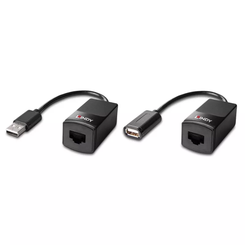 Lindy 60m USB 1.1 Cat.6 Extender Basic, Nadajnik i odbiornik sieciowy, 60 m, 12 Mbit/s, Cat5e, Cat6, Czarny, Tworzywo sztuczne