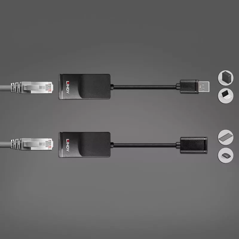Lindy 60m USB 1.1 Cat.6 Extender Basic, Nadajnik i odbiornik sieciowy, 60 m, 12 Mbit/s, Cat5e, Cat6, Czarny, Tworzywo sztuczne