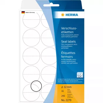 Etykiety plombowe perforowane HERMA 2279 Ø 32 mm okrągłe przezroczyste folia matowa o bardzo mocnej przyczepności