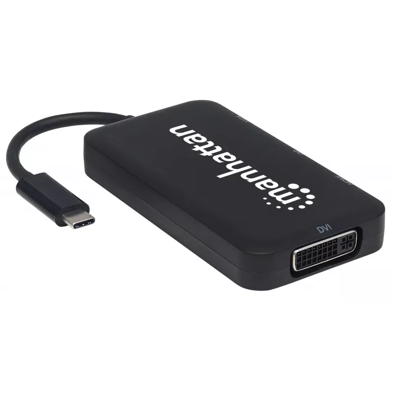 Manhattan USB-C Dock/Hub, Porty (x4): DisplayPort, DVI-I, HDMI lub VGA, Uwaga: Jednocześnie można używać tylko jednego portu, Zewnętrzny zasilacz nie jest wymagany, Uniwersalny do wszystkich urządzeń, Kabel 8 cm, Czarny, Trzyletnia gwarancja