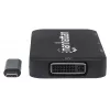 Manhattan USB-C Dock/Hub, Porty (x4): DisplayPort, DVI-I, HDMI lub VGA, Uwaga: Jednocześnie można używać tylko jednego portu, Zewnętrzny zasilacz nie jest wymagany, Uniwersalny do wszystkich urządzeń, Kabel 8 cm, Czarny, Trzyletnia gwarancja