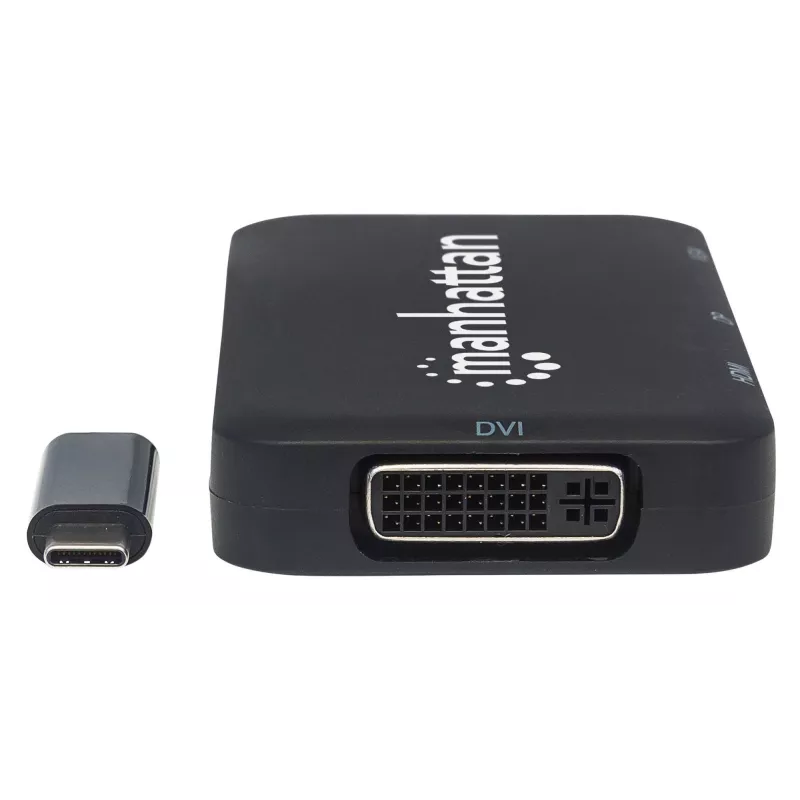 Manhattan USB-C Dock/Hub, Porty (x4): DisplayPort, DVI-I, HDMI lub VGA, Uwaga: Jednocześnie można używać tylko jednego portu, Zewnętrzny zasilacz nie jest wymagany, Uniwersalny do wszystkich urządzeń, Kabel 8 cm, Czarny, Trzyletnia gwarancja