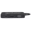 Manhattan USB-C Dock/Hub, Porty (x4): DisplayPort, DVI-I, HDMI lub VGA, Uwaga: Jednocześnie można używać tylko jednego portu, Zewnętrzny zasilacz nie jest wymagany, Uniwersalny do wszystkich urządzeń, Kabel 8 cm, Czarny, Trzyletnia gwarancja