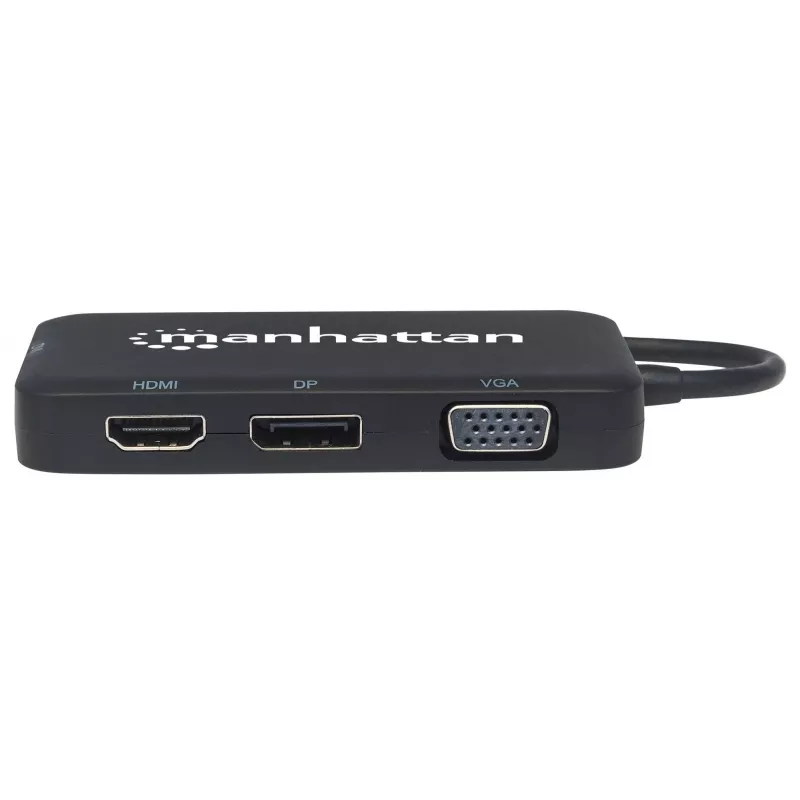 Manhattan USB-C Dock/Hub, Porty (x4): DisplayPort, DVI-I, HDMI lub VGA, Uwaga: Jednocześnie można używać tylko jednego portu, Zewnętrzny zasilacz nie jest wymagany, Uniwersalny do wszystkich urządzeń, Kabel 8 cm, Czarny, Trzyletnia gwarancja