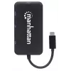 Manhattan USB-C Dock/Hub, Porty (x4): DisplayPort, DVI-I, HDMI lub VGA, Uwaga: Jednocześnie można używać tylko jednego portu, Zewnętrzny zasilacz nie jest wymagany, Uniwersalny do wszystkich urządzeń, Kabel 8 cm, Czarny, Trzyletnia gwarancja