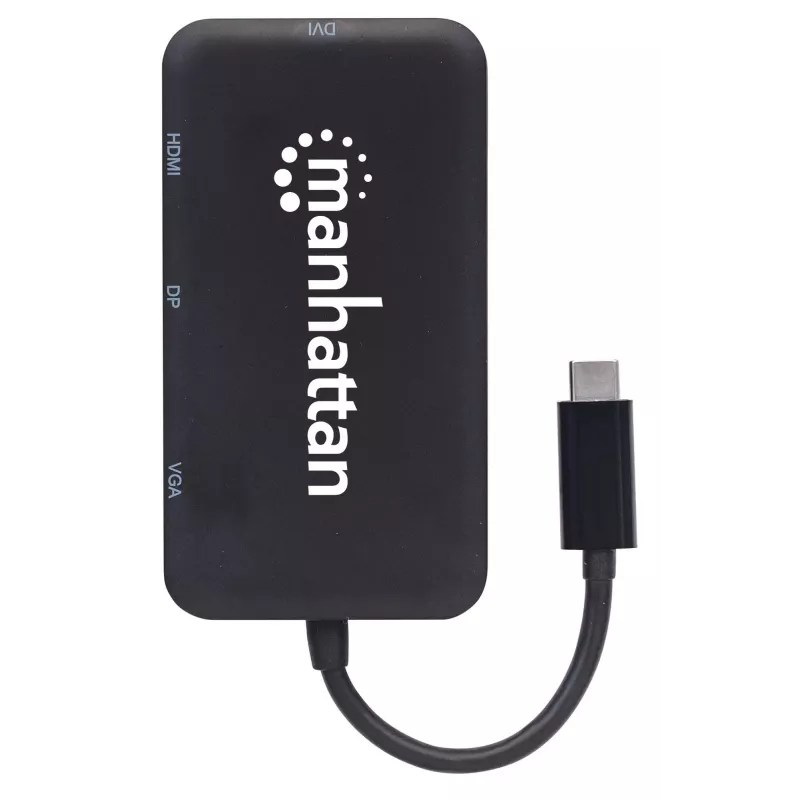 Manhattan USB-C Dock/Hub, Porty (x4): DisplayPort, DVI-I, HDMI lub VGA, Uwaga: Jednocześnie można używać tylko jednego portu, Zewnętrzny zasilacz nie jest wymagany, Uniwersalny do wszystkich urządzeń, Kabel 8 cm, Czarny, Trzyletnia gwarancja