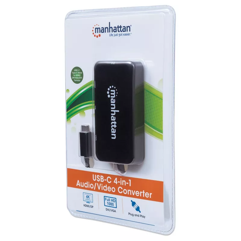 Manhattan USB-C Dock/Hub, Porty (x4): DisplayPort, DVI-I, HDMI lub VGA, Uwaga: Jednocześnie można używać tylko jednego portu, Zewnętrzny zasilacz nie jest wymagany, Uniwersalny do wszystkich urządzeń, Kabel 8 cm, Czarny, Trzyletnia gwarancja